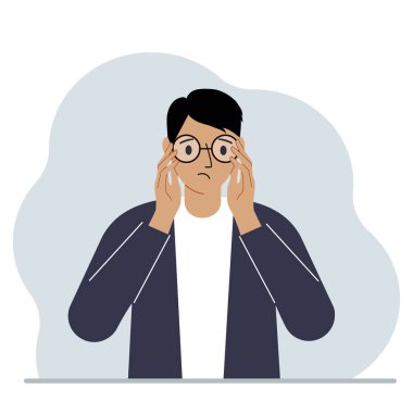 Gözlüklü üzgün adam. Görüş problemi konsepti. Vektör düz resimleme