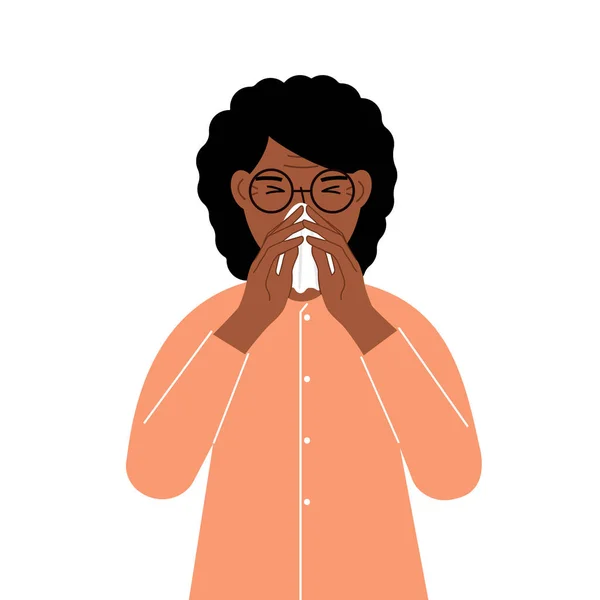 一个女人用手帕捂住他的鼻子 病人的概念 打喷嚏 季节性过敏 矢量平面插图 — 图库矢量图片