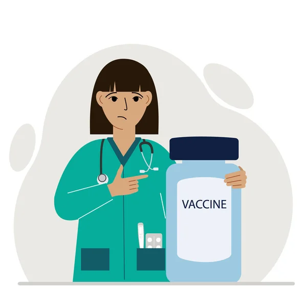 Triste Femme Médecin Côté Pot Vaccin Une Pandémie Illustration Vectorielle — Image vectorielle