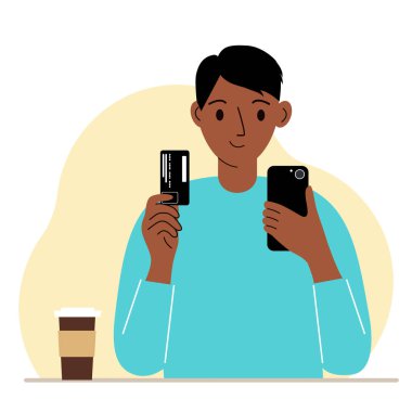 Çevrimiçi ödeme kavramı. Bir adam bir elinde telefon, diğer elinde cep telefonu tutuyor. Cep telefonu kullanarak online alışveriş. Vektör düz resimleme