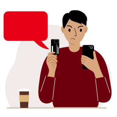 Çevrimiçi ödeme kavramı. Bir adam bir elinde telefon, diğer elinde cep telefonu tutuyor. Cep telefonu kullanarak online alışveriş. Vektör düz resimleme