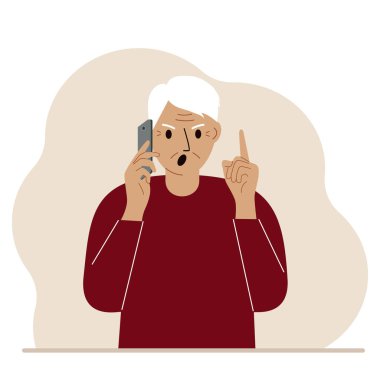 Çığlık atan büyükbaba cep telefonuyla konuşuyor. Bir elin telefonda, diğer elin de işaret parmağında. Vektör düz resimleme