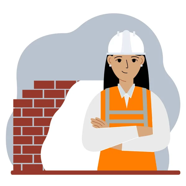 Travailleuse Construction Souriante Avec Casque Blanc Gilet Orange Ingénieur Illustration — Image vectorielle