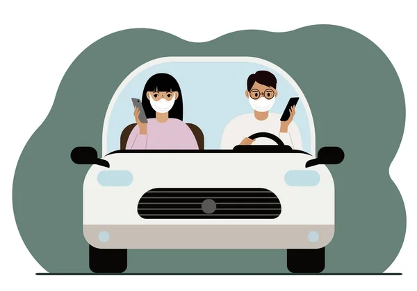 Człowiek Używający Smartfona Podczas Jazdy Samochodem Mężczyzna Nosi Swoją Rodzinę — Wektor stockowy