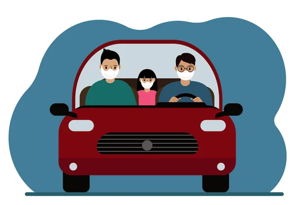 同性别的男人家庭在车上 一名男子在后座驾驶一辆红色汽车 旁边是另一名男子和一名小孩 先见之明每个人都戴着口罩 矢量平面插图 免版税图库插图
