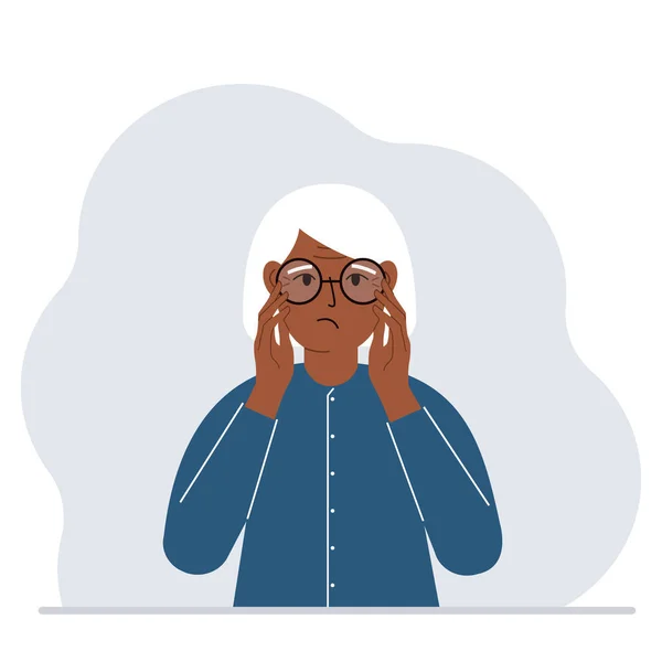 Triste mujer con gafas. Concepto de problema de visión. Vector — Vector de stock