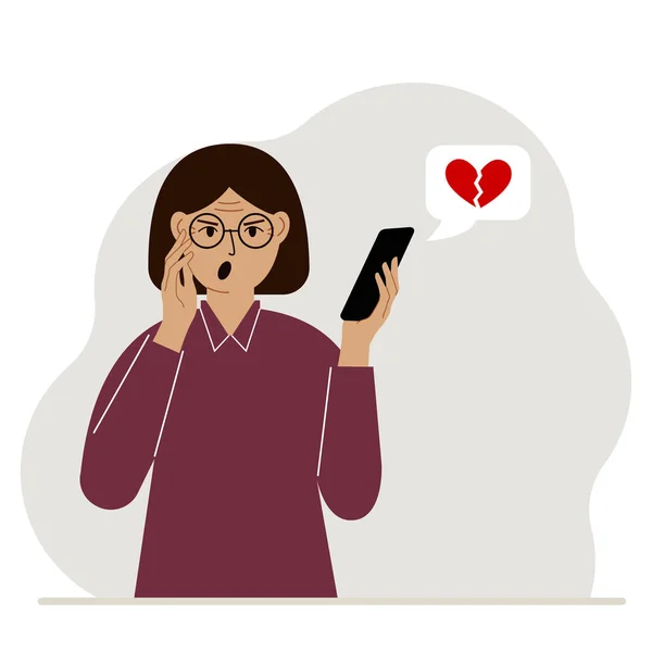 Uma mulher surpresa ao ler uma mensagem no telemóvel dele. Mensagem com um coração vermelho partido. Vetor —  Vetores de Stock