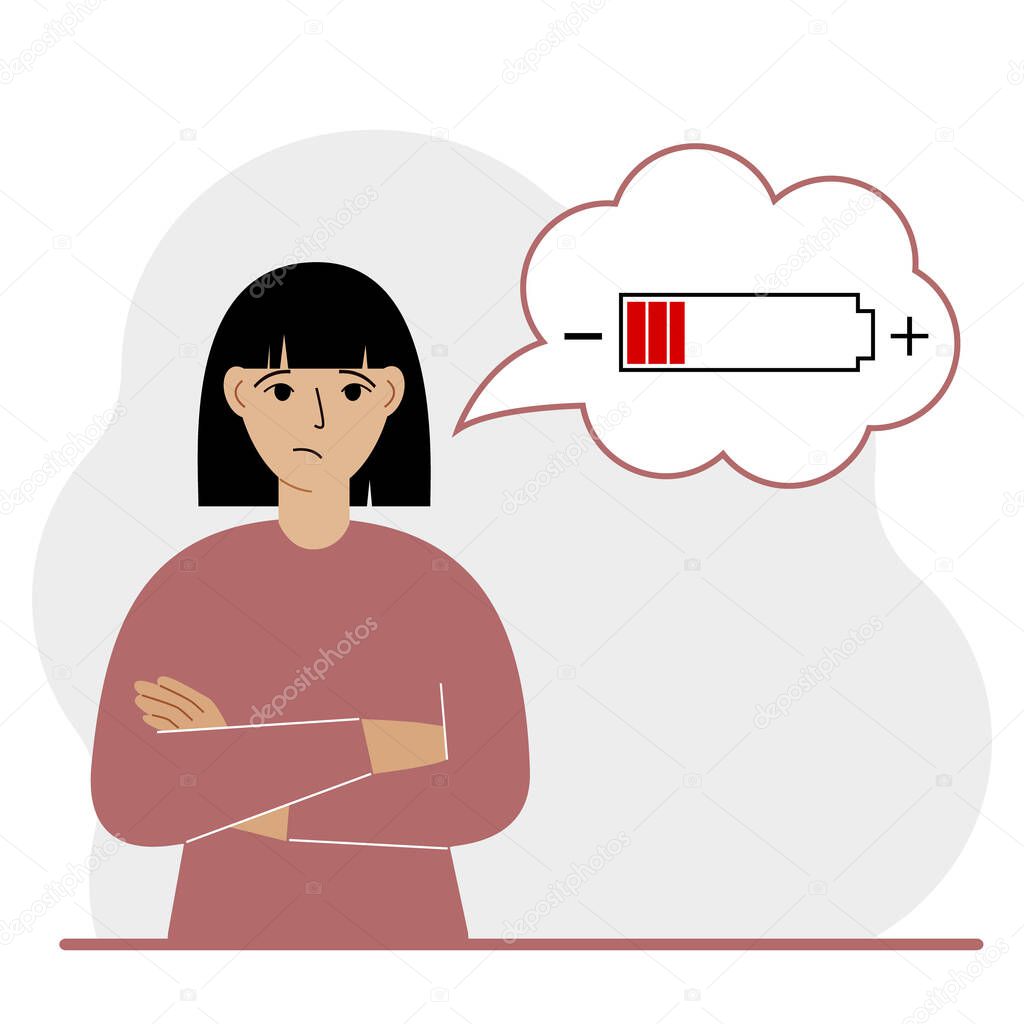 Conceptual illustration of low battery. Sad woman thinks about charging.