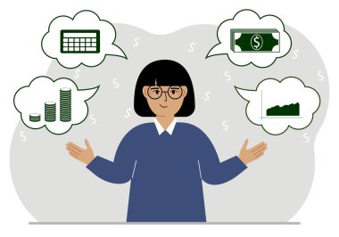Finansal durumu düşünen mutlu bir kadın. Düşüncelerimde para, hesap makinesi, çizelgeler. Posterler, afişler, web siteleri için. Vektör düz resimleme