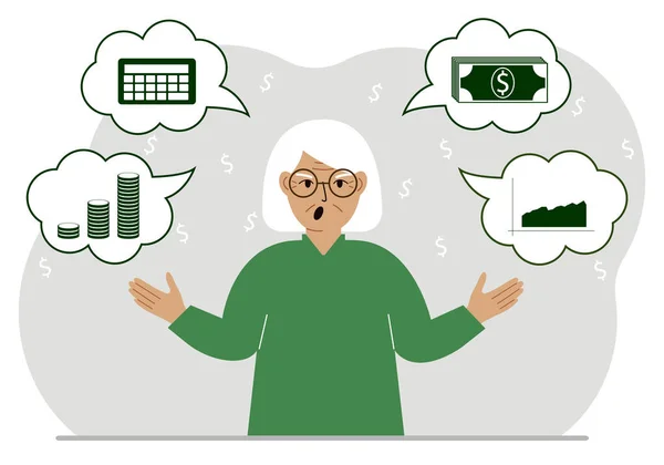 財政のことを考えている老婦人を悲鳴 私の考えではお金 計算機 チャート ポスター バナー ウェブサイトの場合 ベクトル平図 — ストックベクタ