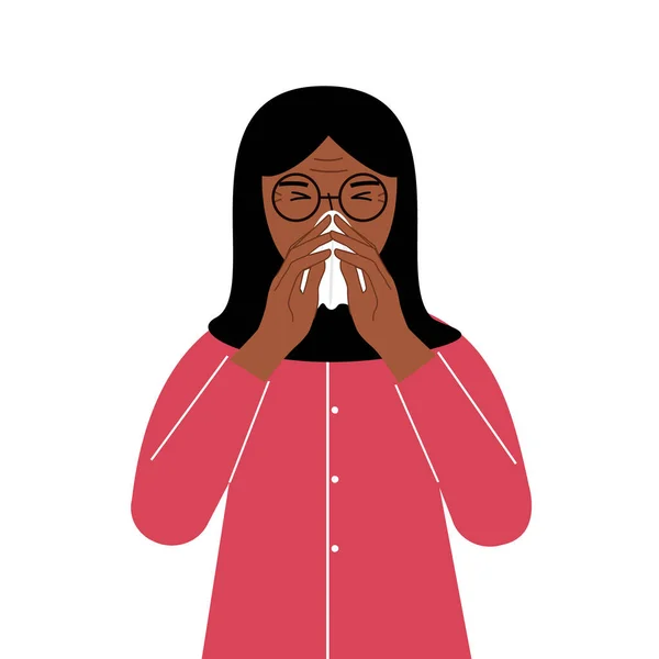 一个女人用手帕捂住他的鼻子 病人的概念 打喷嚏 季节性过敏 矢量平面插图 — 图库矢量图片