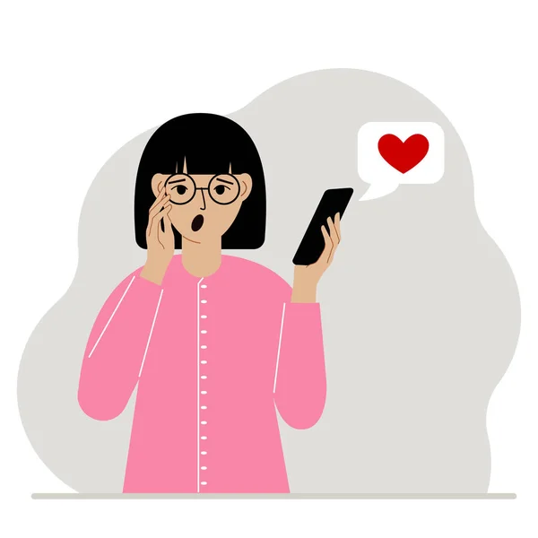 驚いた女性が携帯電話でメッセージを読んでいる 赤いハートのメッセージ ベクトル平図 — ストックベクタ