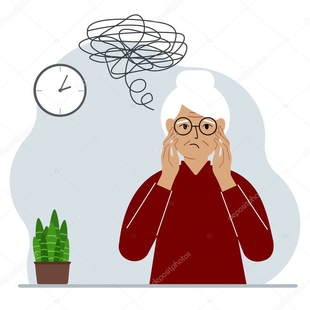 Bad thoughts concept. A grandmother feels depressed with thoughts after negative events, unhappy, suffering, sadness, depression. Vector flat illustration