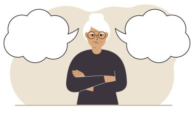 Üzgün bir büyükanne doğru kararı vermeye çalışır. Sol ve sağ boş kabarcıklar. İki çözümün karşılaştırılması. Vektör düz resimleme