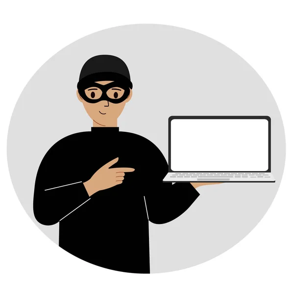 Un hacker con una maschera nera e un computer. Il criminale informatico ha un portatile. Cyber attacco, phishing mobile, truffa. — Vettoriale Stock