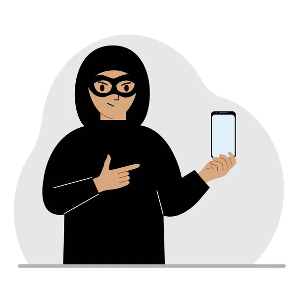 Hacker em uma máscara preta com um telefone celular. O criminoso cibernético tem um smartphone. Ataque cibernético, phishing móvel, golpe. — Vetor de Stock