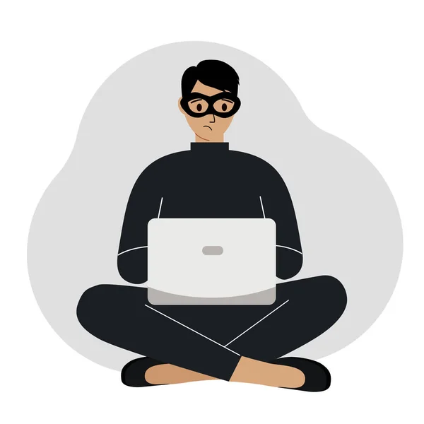 컴퓨터로 검은 마스크를 쓴 해커. 사이버 범죄자가 노트북을 들고 있습니다. 사이버 공격, 이동식 피싱, 사기. — 스톡 벡터
