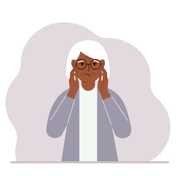 Unhappy grandmother clutching his head with his hands. Emotions and body language concept. Stress, tension and migraine concept. Vector flat illustration