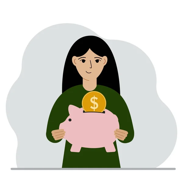 Uma mulher feliz tem um mealheiro, uma moeda cai no mealheiro. O conceito de poupança financeira, poupança, investimento financeiro. — Vetor de Stock