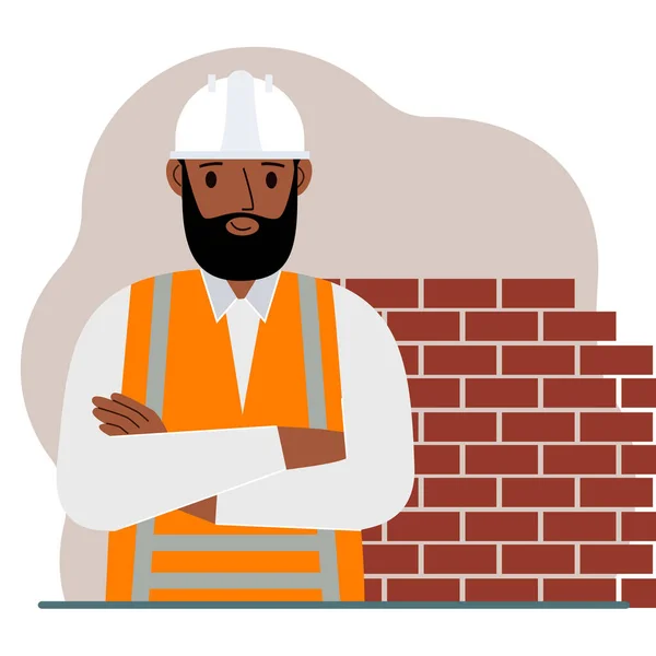Homme Souriant Travailleur Construction Dans Casque Blanc Gilet Orange Illustration — Image vectorielle