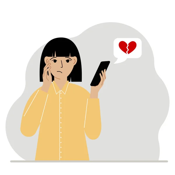 Smutná Žena Čte Zprávu Jeho Mobilu Zpráva Zlomeným Červeným Srdcem — Stockový vektor