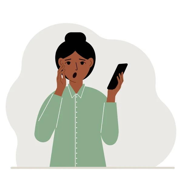 Женщина Смотрит Мобильный Телефон Женщина Открытым Ртом Смотрит Телефон Который — стоковый вектор