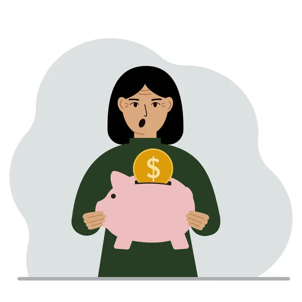 Mulher Gritando Segura Banco Porquinho Uma Moeda Cai Banco Porquinho — Vetor de Stock
