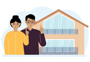 Karı koca bir ev satın alıyor. Onaylanmış bir şekilde. Aile, ipotek, pankart için emlak konsepti, web sitesi tasarımı. Vektör düz resimleme