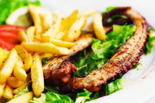 Grilled octopus with a side of french fries, selective focus — Stock Photo, Image