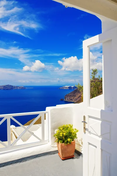 Details van fira village, santorini, Griekenland (uitzicht op de caldera in de achtergrond) — Stockfoto