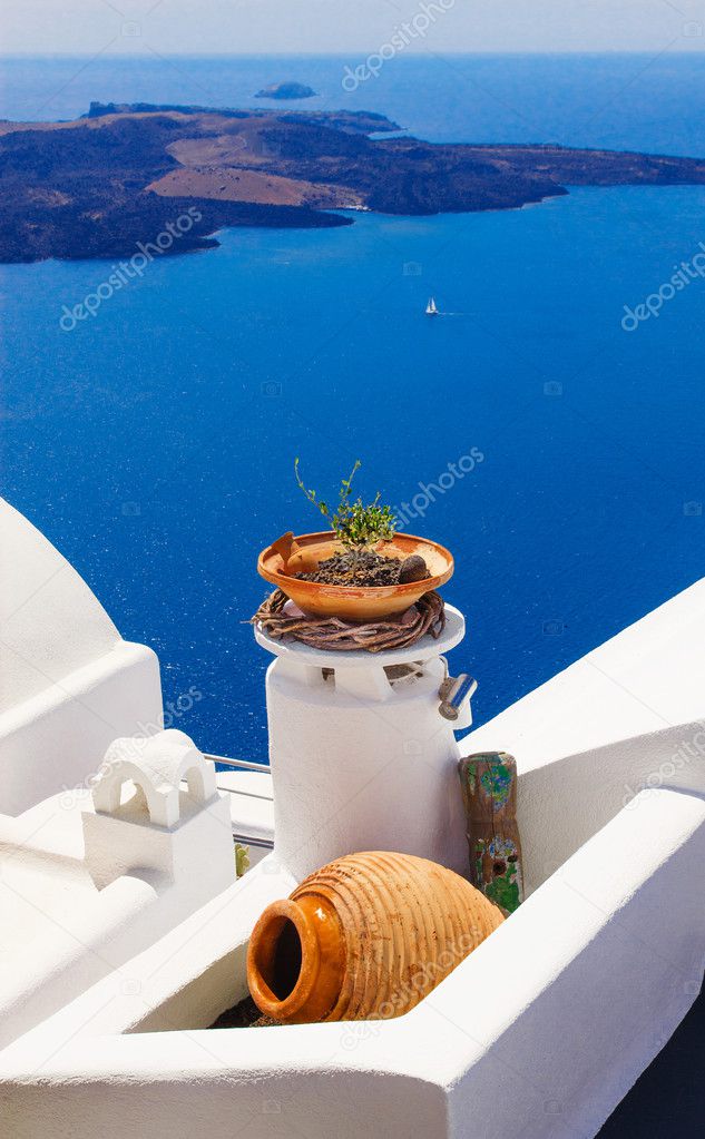 Details of Fira village, Santorini, Greece (view of the caldera in the background)
