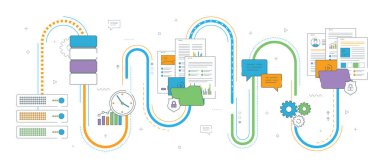 Paylaşılan veriler, belgeler, videolar ve fotolar için düz tasarım kavramları. İnternet bilgisayar kullanıcıları dosyaları güvenli bir şekilde indiriyor. Beyaz arkaplanda ince çizgili vektör tasarımı.