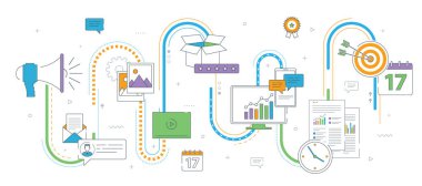 Reklam ve pazarlama iletişim simgeleri. Ticari pazarlama, analitik ve sosyal ağlarda ve sosyal medyada strateji kavramları. Düz tasarım ince çizgi vektör çizimi.