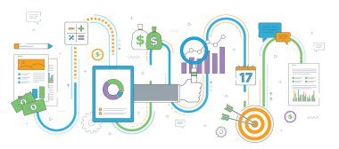 Büyüteç, büyüme ve kârın finansal tablosu. Hedef simge, hesap makinesi, veri analiz sayfası, sohbet, para. Yatırım akışı ve iş hayatında başarı kavramı. Düz tasarım ince çizgi vektör çizimi.