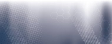 Parlak geometrik şekil, altıgenler, yarım ton ve paralel çizgiler içeren gri arkaplan çizimi.