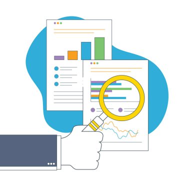 Finansal raporunda büyüteçle iş adamı eli. İş analizi, muhasebe ve iş finans raporu kavramı.