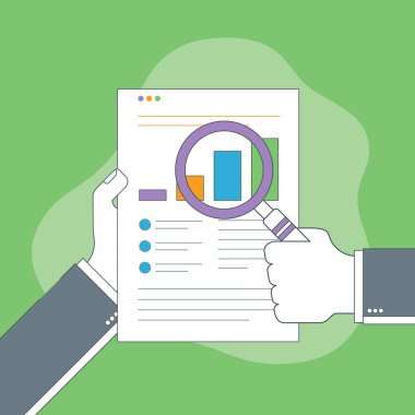 Finansal raporunda büyüteçle iş adamı eli. İş analizi, muhasebe ve iş finans raporu kavramı.