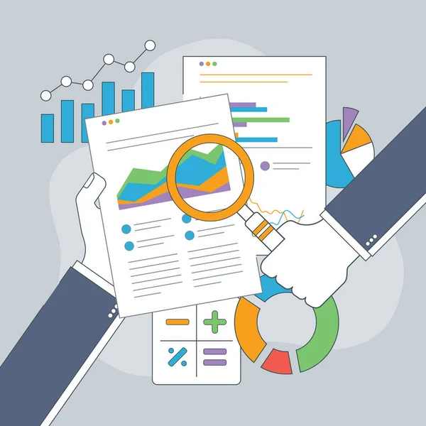 Businessman Hand Magnifying Glass Chart Business Analysis Accounting Business Financial — Stock Vector