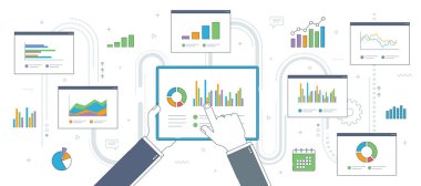 İş adamı elinde tablet ve mali bilgilerle el ele tutuşuyor. Finans tabloları olan internet ekranları. Finans, iş ve yatırım vektör simgesi seti, İnternet afiş şablonu.