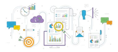 Bilgisayar ekranında büyüteç bulunan belge analizi, konuşma balonu tartışması. İş, pazarlama, iletişim ve finans vektör simgesi seti, İnternet afiş şablonu.