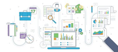 Bilgi ve mali grafiği olan dizüstü bilgisayar, iş adamı el ele tutuşma belgesi ve iş grafikleri. Finans ve iş vektör simgesi seti, İnternet afiş şablonu.