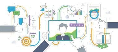 Elinde tablet, değerlendirme ve çevrimiçi destek hizmetinden veya uzaktan öğrenmeden geri bildirim olan bir iş adamı. İş ve iletişim vektör simgesi seti, İnternet pankart şablonu.