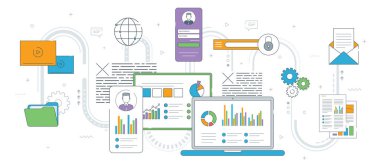 Laptop, dijital tablet ve bilgi raporlu akıllı telefon ve grafiklerde veri. İş, planlama, bilgisayar ve yönetim vektör simgeleri seti, İnternet afiş şablonu.