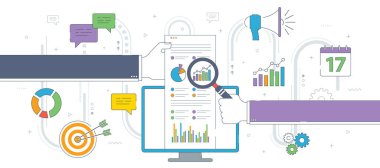 Elinde büyüteçle iş adamının bilgisayar monitörü analiziyle ilgili bilgi içeren bir belge. İş, pazarlama ve finans vektör simgesi seti, İnternet afiş şablonu.