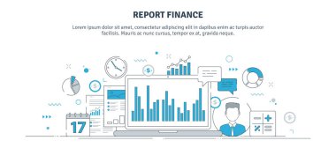 Bilgisayarında grafikler ve finans yönetimi olan raporlar, kazançlar ve finansal başarı. İş ya da kişisel finans raporu konsepti. Modern ince çizgi vektör çizimi.
