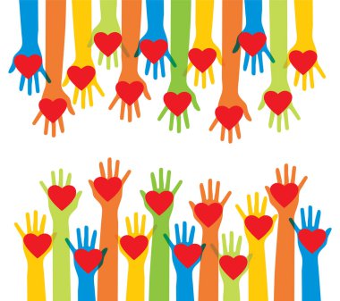 Gönüllülerin elleri. Vektör illüstrasyonunda kalbi olan eller. Sadaka, bağış ve gönüllü iş. İlgi, sevgi ve iyi kalpli bir toplum fakirlere, evsizlere, engellilere ve yaşlılara destek oluyor..