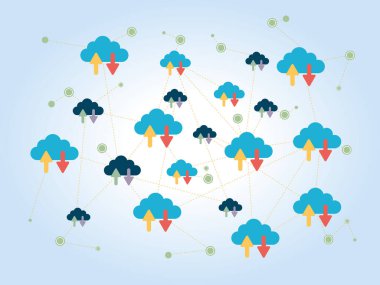 Bulut hesaplama konsepti, veritabanı bağlantısı, sunucu veritabanı. Düz tasarım vektörü.