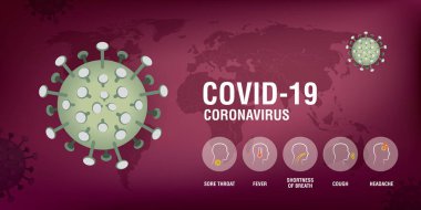 Coronavirus hastalığı COVID-19 enfeksiyonu. Çin patojen solunum yolu gribi covid virüs hücreleri. Vektör illüstrasyonunda COVID-19 adı verilen Coronavirus hastalığının resmi adı.