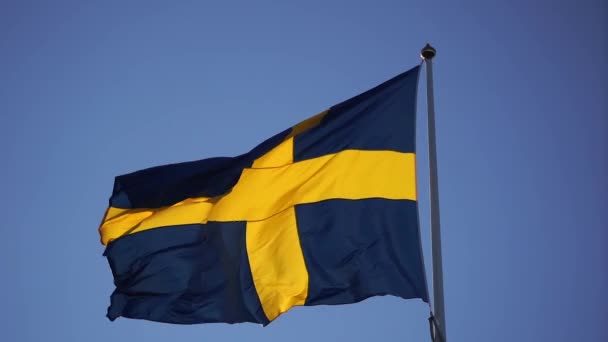 Шведский флаг, развевающийся на ветру на фоне неба в замедленной съемке — стоковое видео