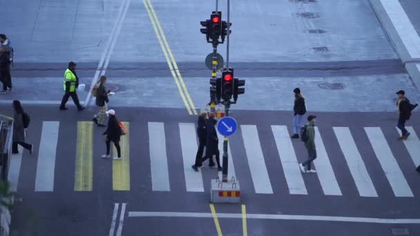 Multidão de pessoas cruzando passarela com semáforos em câmera lenta — Vídeo de Stock